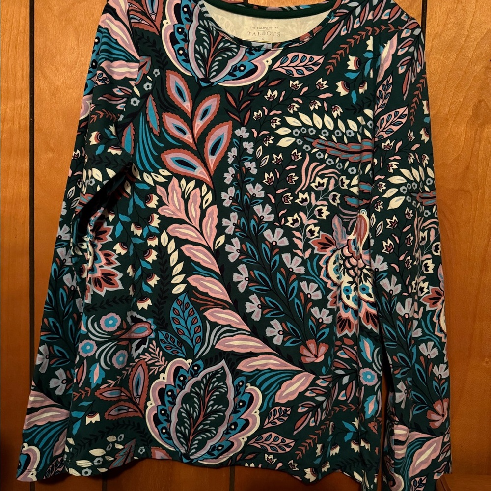 Talbots Dark Teal Floral-Print Long Sleeve Top NWOT